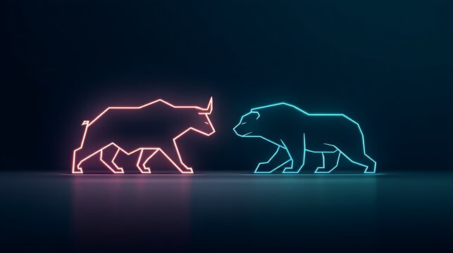A minimalist composition featuring neon-line icons of a bull and bear facing each other, floating over a dark futuristic background. Symbolizes financial tension with clean, modern aesthetics. - Powered by Adobe