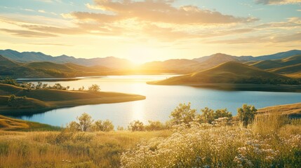 Fototapeta premium Serene mountain lake at golden sunset. Lush hills surround tranquil water