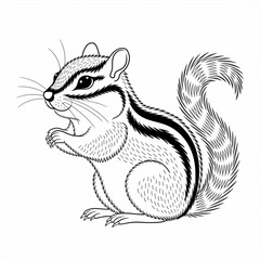 ‎A black and white chipmunk line art of a coloring page white background