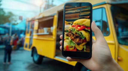 Mobile-friendly food truck story template, clean design, editable text areas, photo placeholders, ideal for showcasing menus, discounts, or food photos on social media