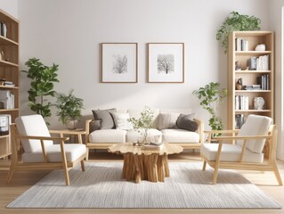 A bright living room features  wood sofa and armchairs with cushions