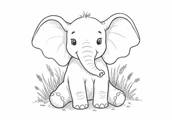Obraz premium Adorable Baby Elephant Illustration: A Sweet Sketch of a Young Elephant Sitting in the Grass