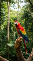 a brightly colored macaw parrot sitting on a tree branch