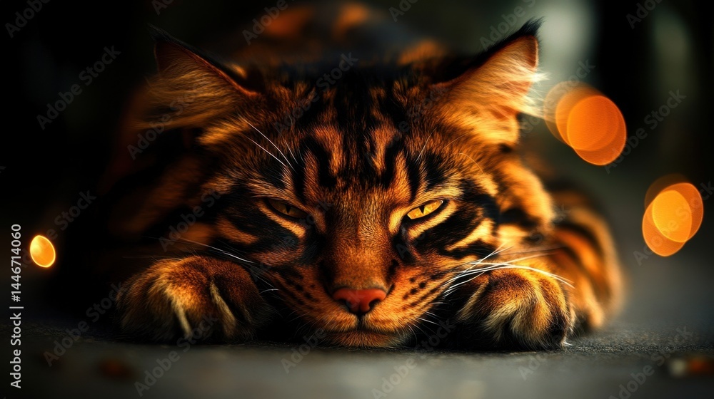 Poster captivating portrayal of a relaxed bengal cat embraced by shadows and subtle bokeh lights depicting 