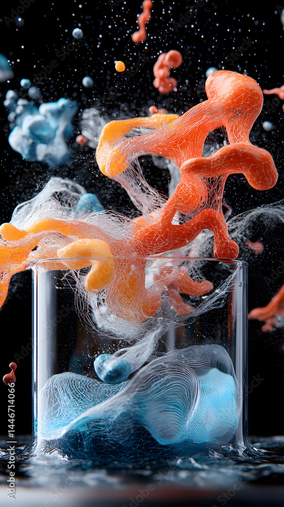Poster abstract image of a glass with colorful elements in a dynamic composition. could be used as a unique