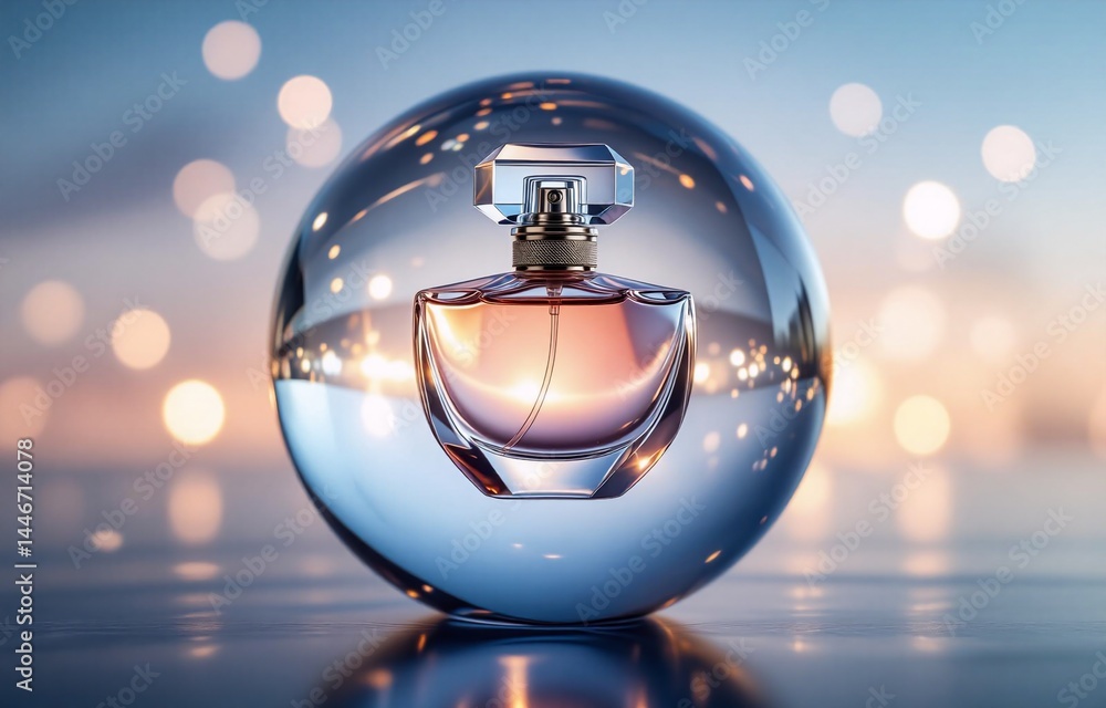 Poster a perfume bottle sits inside a crystal sphere, backlit by a bokeh of warm and cool lights, reflectin