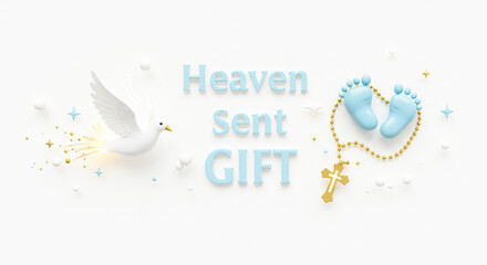 Heaven sent gift with dove flying, baby feet and golden cross