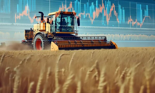 A tractor in the background is driving on a wheat field, with stock market charts behind it. The scene includes digital graphs and numbers on black screens, symbolizing financial trading 