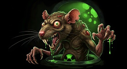 Creepy mutant rat emerging from a dark sewer with glowing green background Generative AI © Faqih