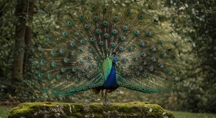 Obraz premium peacock standing on a mossy stone, tail feathers fully fanned out in vivid blues and greens