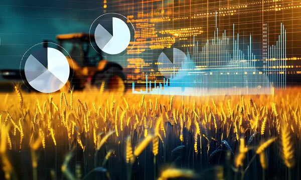 A tractor in the background is driving on a wheat field, with stock market charts behind it. The scene includes digital graphs and numbers on black screens, symbolizing financial trading 