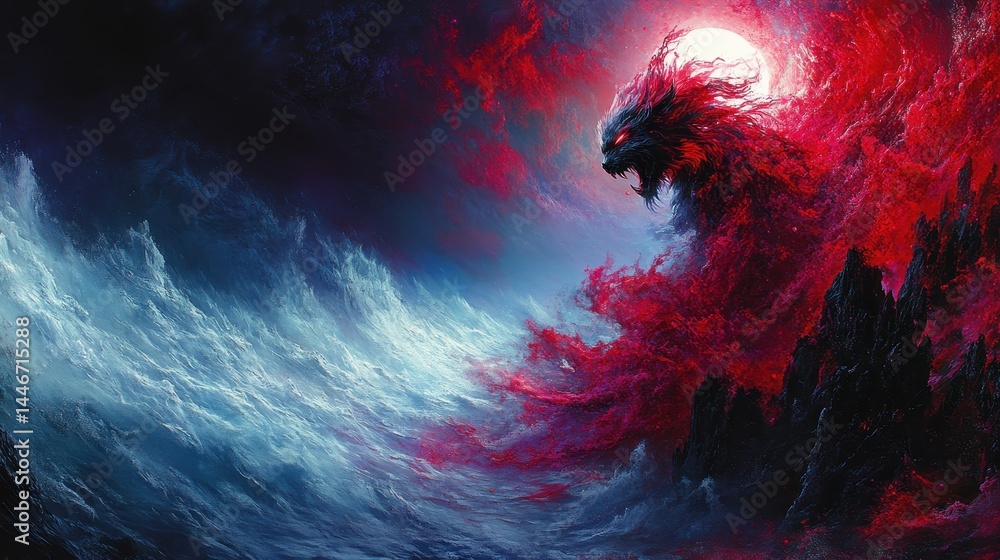 Poster dramatic abstract canvas depicting a celestial collision of fiery red nebulae and cosmic blue light 