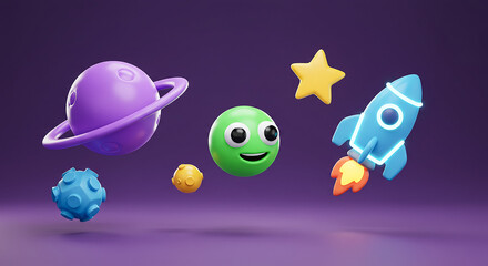 Friendly alien smiling near planets and rocket in space