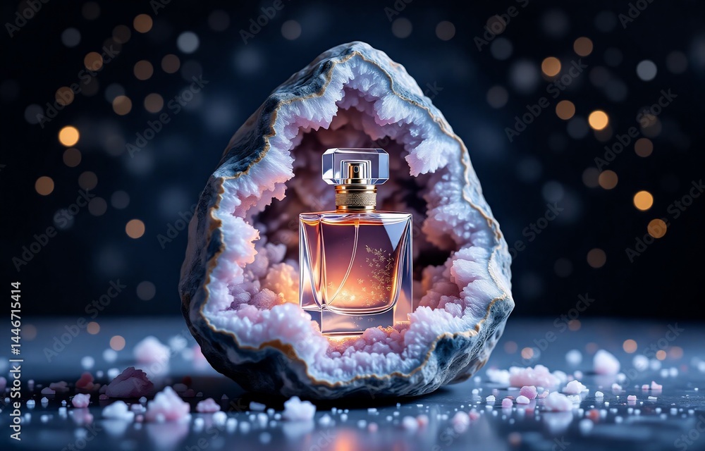 Poster a perfume bottle rests inside a glowing geode, crystals scattered around it. the dark background is 