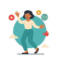 Happy Woman Person Cartoon Character in Social Media Digital World