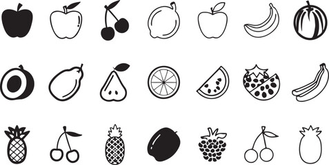 Fototapeta premium Black and White Illustrated Fruit Icons. Fruit Illustrations. Various Popular Fruits.
