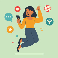 Happy Woman Person Cartoon Character Holding Gadget in Social Media Digital World