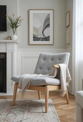 Scandinavian style armchair, light wooden legs, fabric seat, blanket included, living room