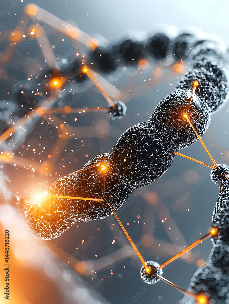 Poster a digital illustration depicts a complex network of interconnected nodes radiating light and connect