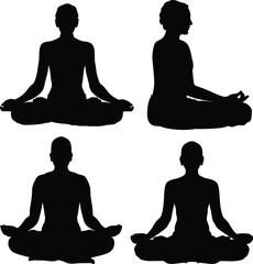 Silhouettes of Meditation Poses – Black and White Vector Illustration Featuring Sitting Yoga Figures, Mindfulness Postures, Minimalist Spiritual Design, Calm and Centered Energy