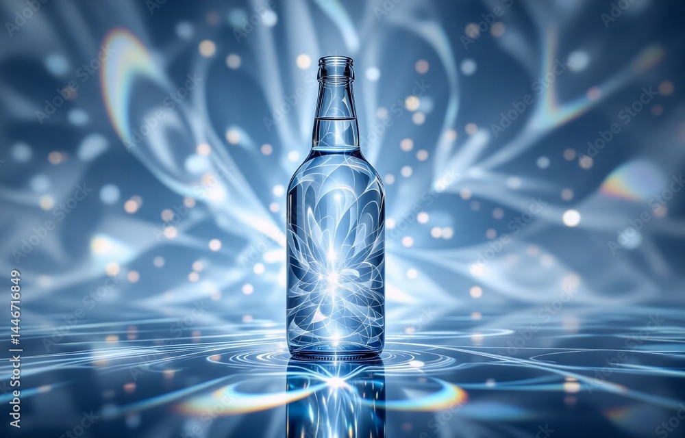 Fototapete a glass bottle filled with clear liquid sits on a reflective surface. surrounding it is an ethereal,