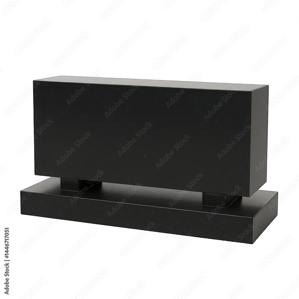 Poster imposing black rectilinear solid elevated over a broad, dark rectangular platform, displaying struct