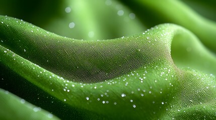 Abstract background of green satin fabric with water drops.