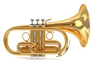 Naklejka premium A gleaming gold cornet trumpet sits angled on a pristine white background ready for a musical performance.