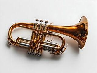 Naklejka premium A gleaming golden cornet rests on a pristine white background showcasing its intricate valve system and polished finish.