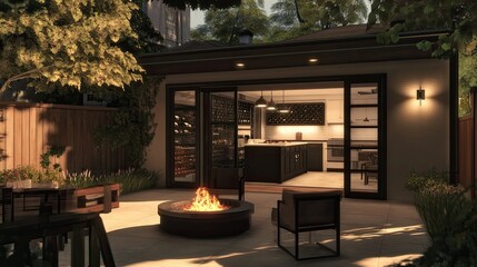 Serene Backyard Oasis: Modern Kitchen Extension with Cozy Fire Pit
