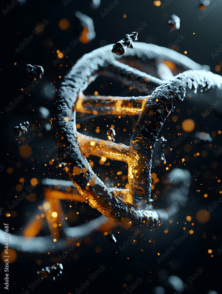 Poster a close-up rendering of a dna helix structure. the image has a science-fiction aesthetic. this would