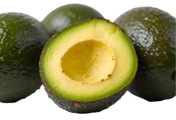 half avocado isolated on white or transparent png,Fresh Halved Avocado with Smooth Green Flesh and Brown Pit Isolated on White Background for Healthy Eating and Recipe Illustrations, High-Quality Imag