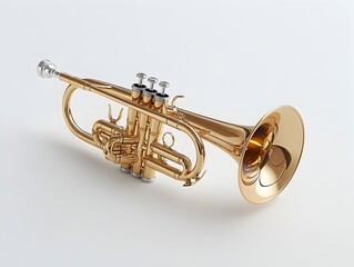Obraz premium A gleaming gold trumpet rests on a pristine white background showcasing its intricate valves and polished brass finish.