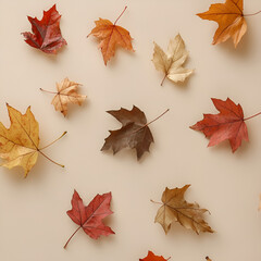 Scattering autumn leaves soft beige background nature photography warm tones close-up seasonal beauty
