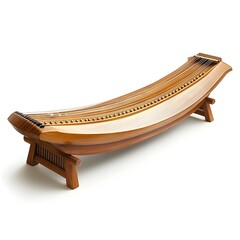 A polished, curved wooden Koto, a traditional Japanese sted musical instrument, rests on its stand against a pure white background.