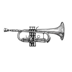 Obraz premium A detailed hand-drawn illustration depicts a classic trumpet musical instrument with valves and bell isolated on white background.
