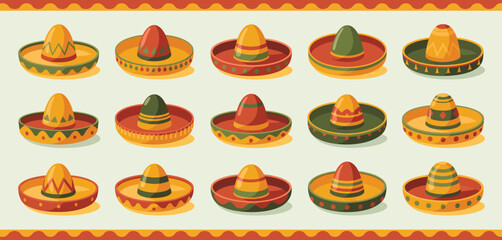Twelve Colorful Sombrero Hats Mexican Fiesta Design Elements