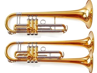 Two gleaming golden trumpets lie side-by-side showcasing their intricate details and polished brass finish against a stark white background.