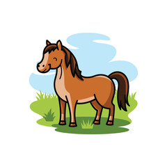 Cute Cartoon Brown Horse Standing in a Green Pasture