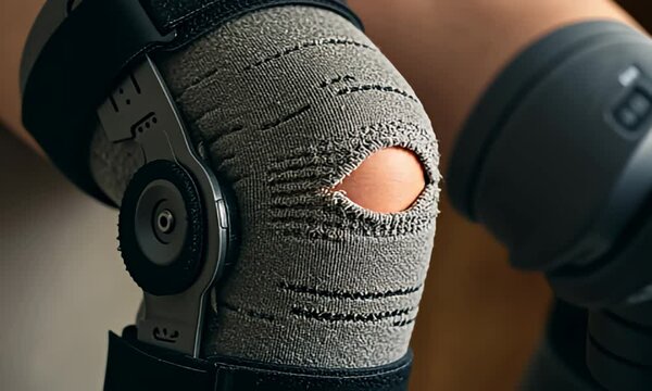 Knee brace with a visible kneecap area, straps, and metallic hinges for support