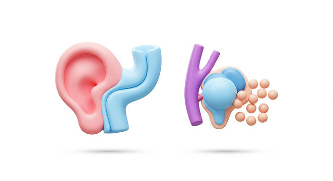 Human ear and semicircular canals maintaining balance with otoliths 3d rendering
