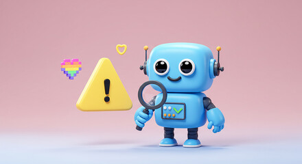 Blue robot investigating exclamation point with magnifying glass and pixel heart