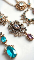 close up of a necklace on a white surface