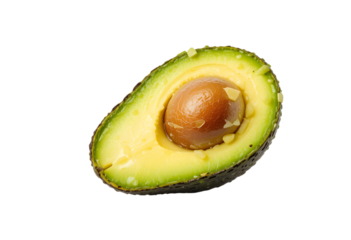 half avocado isolated on white or transparent png,Fresh Halved Avocado with Smooth Green Flesh and Brown Pit Isolated on White Background for Healthy Eating and Recipe Illustrations, High-Quality Imag