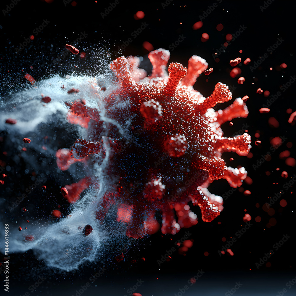 Poster a striking depiction of a virus particle with dynamic visual effects. ideal for scientific presentat