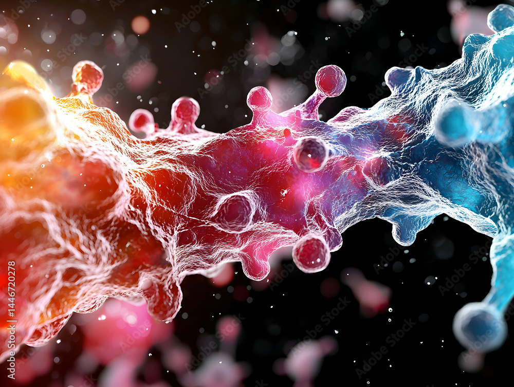 Poster microscopic image of cells or viruses in a detailed artistic rendering. suitable for science educati