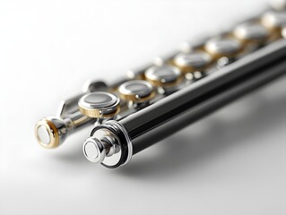 Fototapeta premium A gleaming silver and black piccolo flute rests elegantly on a pristine white background showcasing its intricate details and craftsmanship.