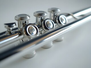 Fototapeta premium A gleaming silver trumpet rests on a stark white background showcasing its valves and polished finish in exquisite detail.