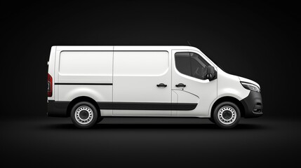 Photorealistic mockup of a commercial cargo white van, side view, isolated on a black background