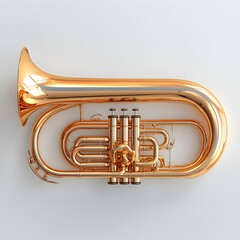 A gleaming gold flugelhorn rests on a plain white background showcasing its intricate valve system and bell.